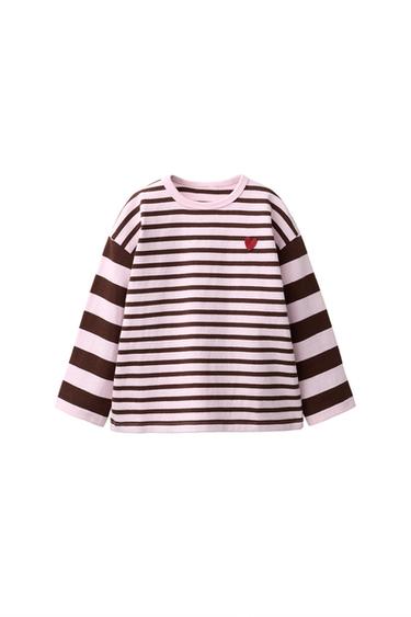 Zara EMBROIDERED HEART STRIPED T-SHIRT - Chocolate - Image 0
