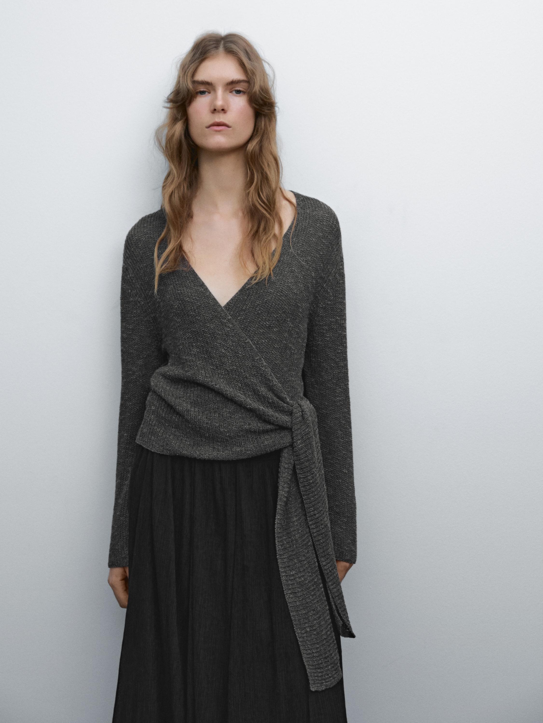Knit crossover cardigan with tie detail - Gray marl | ZARA Knit crossover cardigan with tie detail - Gray marl | ZARA