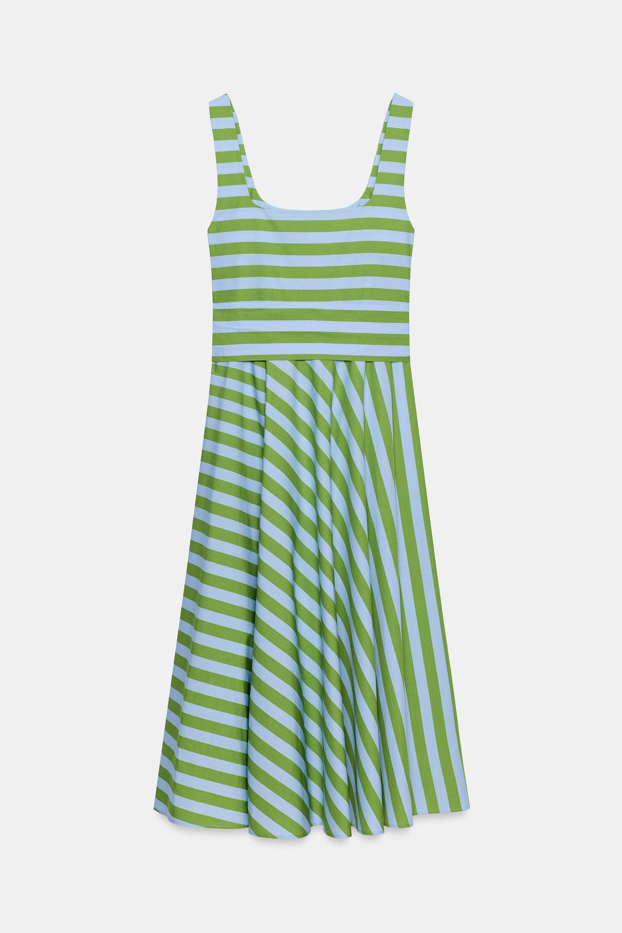 STRIPED BELTED MIDI DRESS - Green / Blue | ZARA United States STRIPED BELTED MIDI DRESS - Green / Blue | ZARA United States