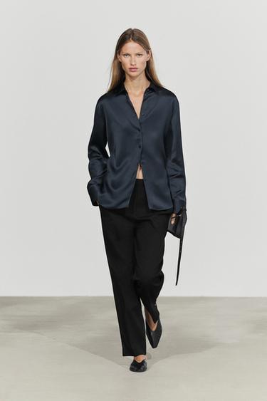 Chemisier fluide satiné - Bleu marine de Zara - Image 0