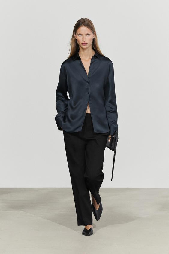 Zara Flowing satin shirt - Navy blue - Image 0