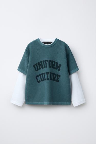 DOUBLE LONG SLEEVE WAFFLE TEXT T-SHIRT - Blue grey by Zara