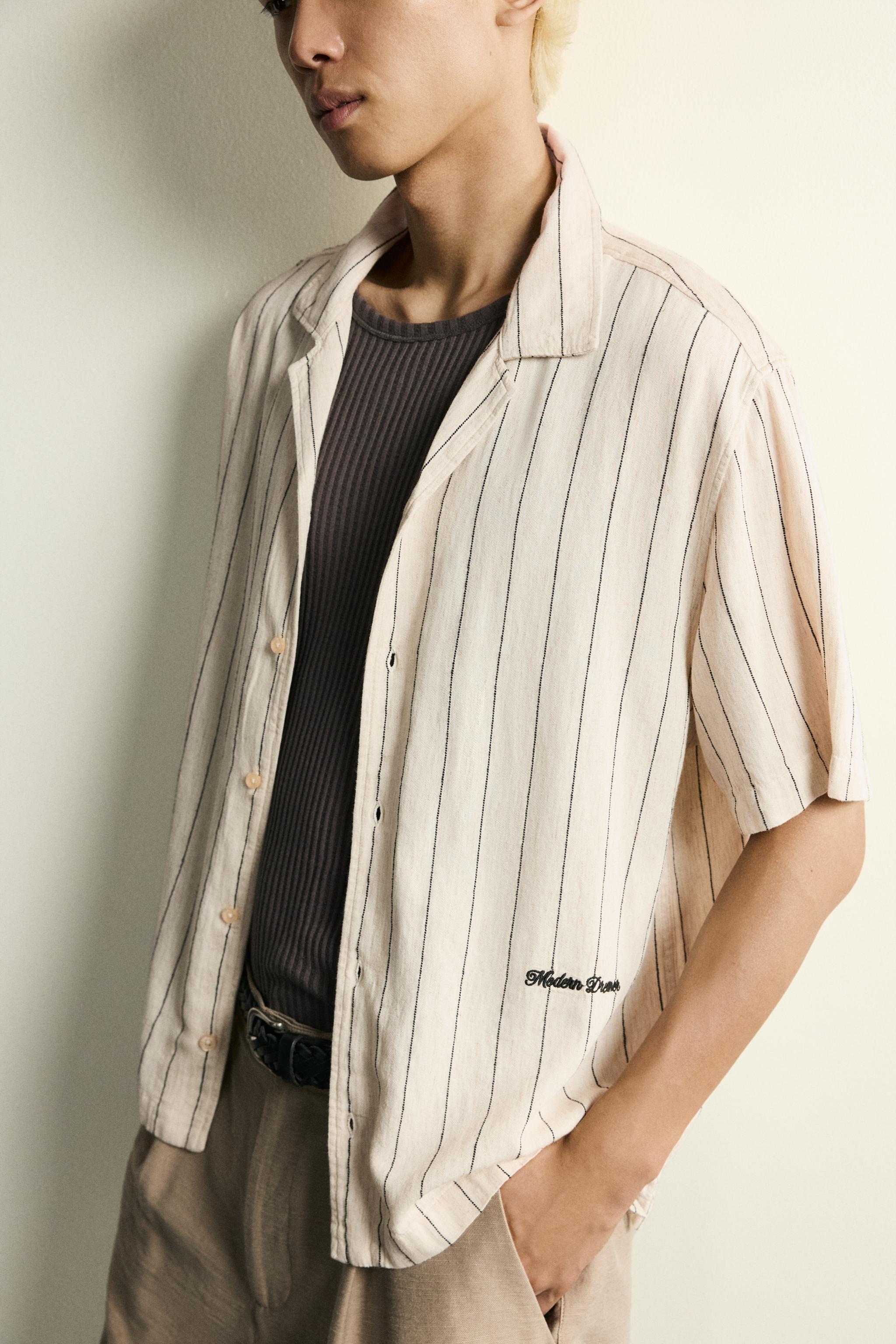 RELAXED FIT EMBROIDERED STRIPE SHIRT - Ecru | ZARA Canada
