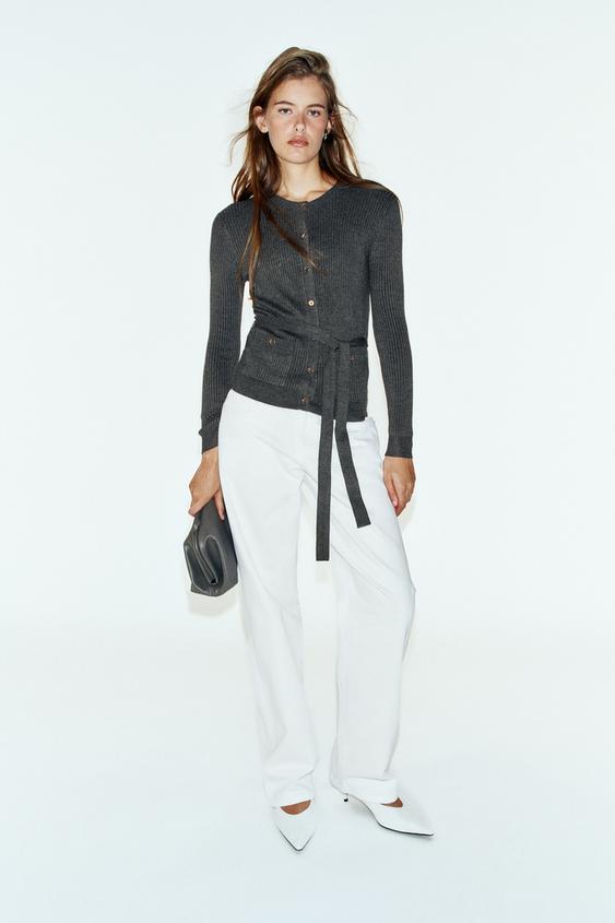 RIBBED KNIT CARDIGAN WITH BELT - Dark grey by Zara - Image 0