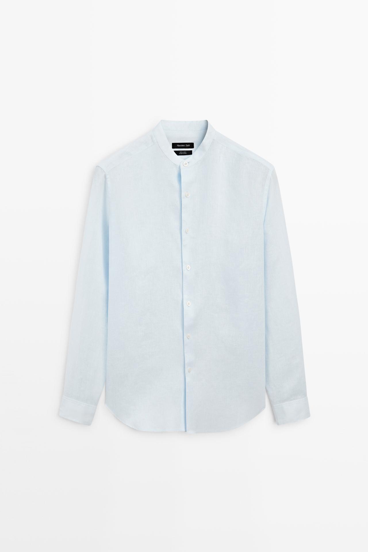 100% linen regular fit stand collar shirt — Green stripe