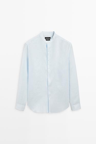 100% linen regular fit stand collar shirt — Green stripe 1