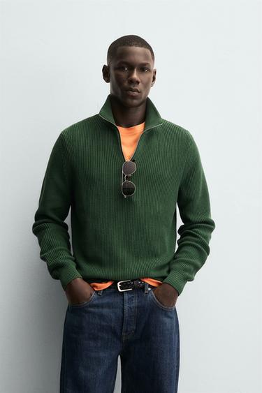 PURL KNIT SWEATER WITH ZIP - Green by Zara