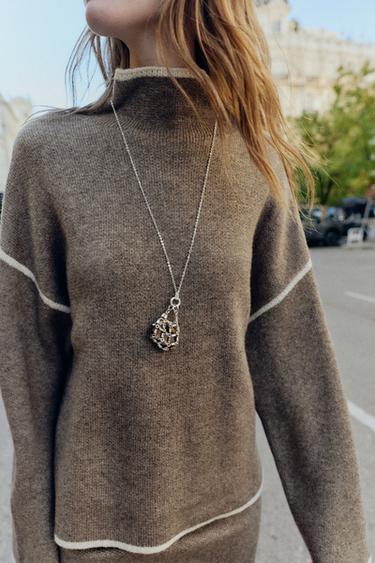 Zara CONTRAST PIPING KNIT SWEATER - Taupe gray