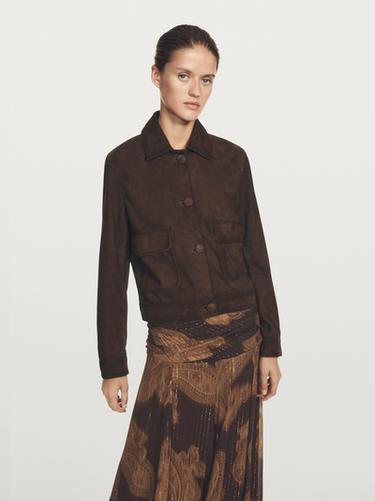 Zara Cropped suede leather-lined jacket with buttons - Brown