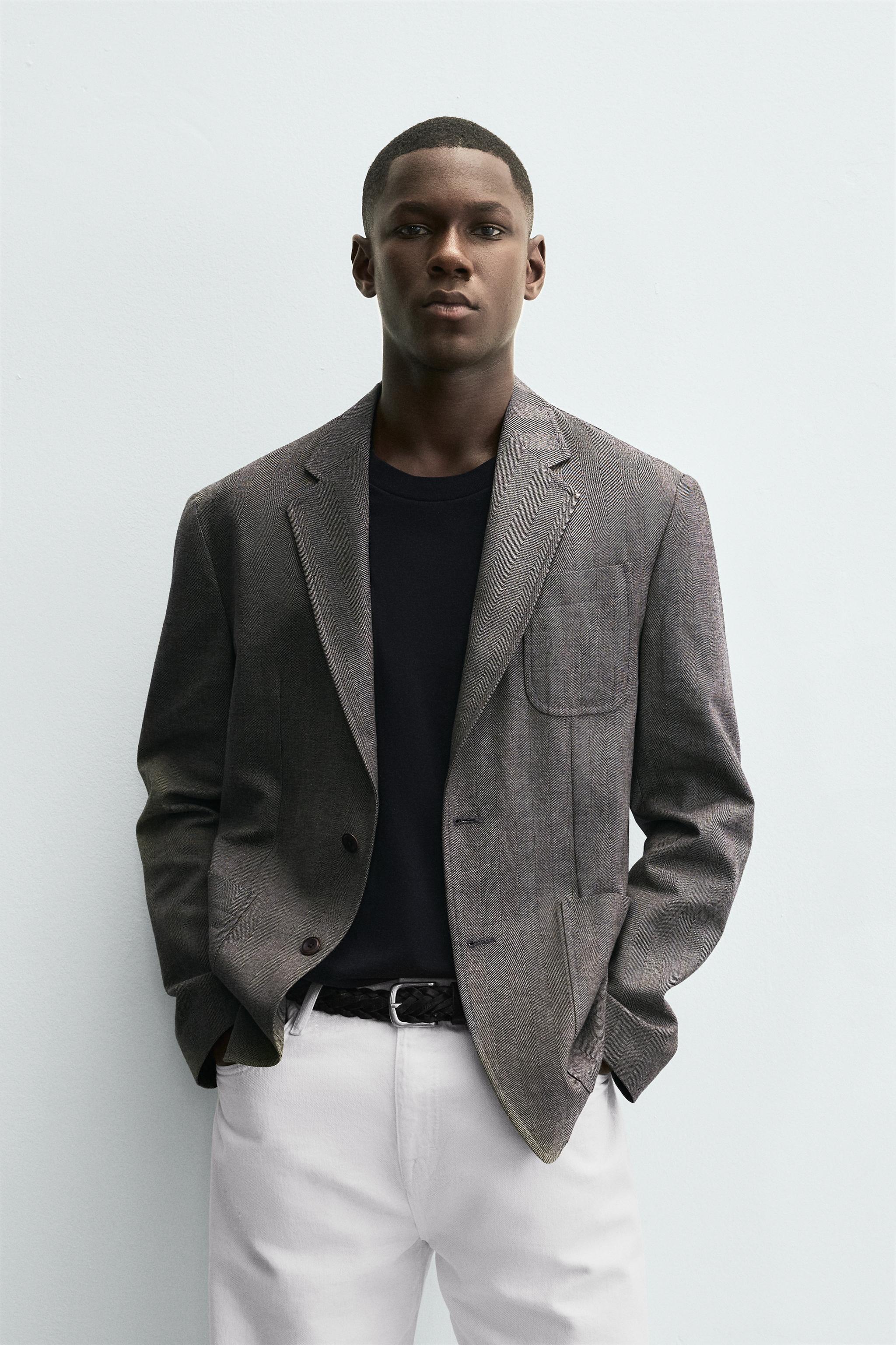 HERRINGBONE TEXTURED BLAZER - Gray green | ZARA United States