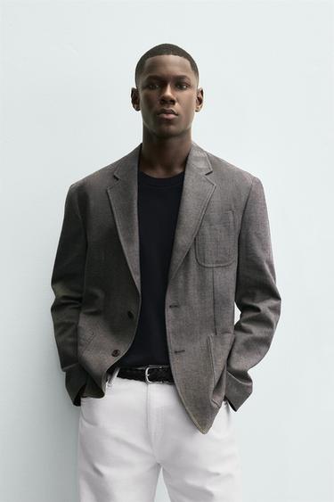 Zara HERRINGBONE TEXTURED BLAZER - Gray green