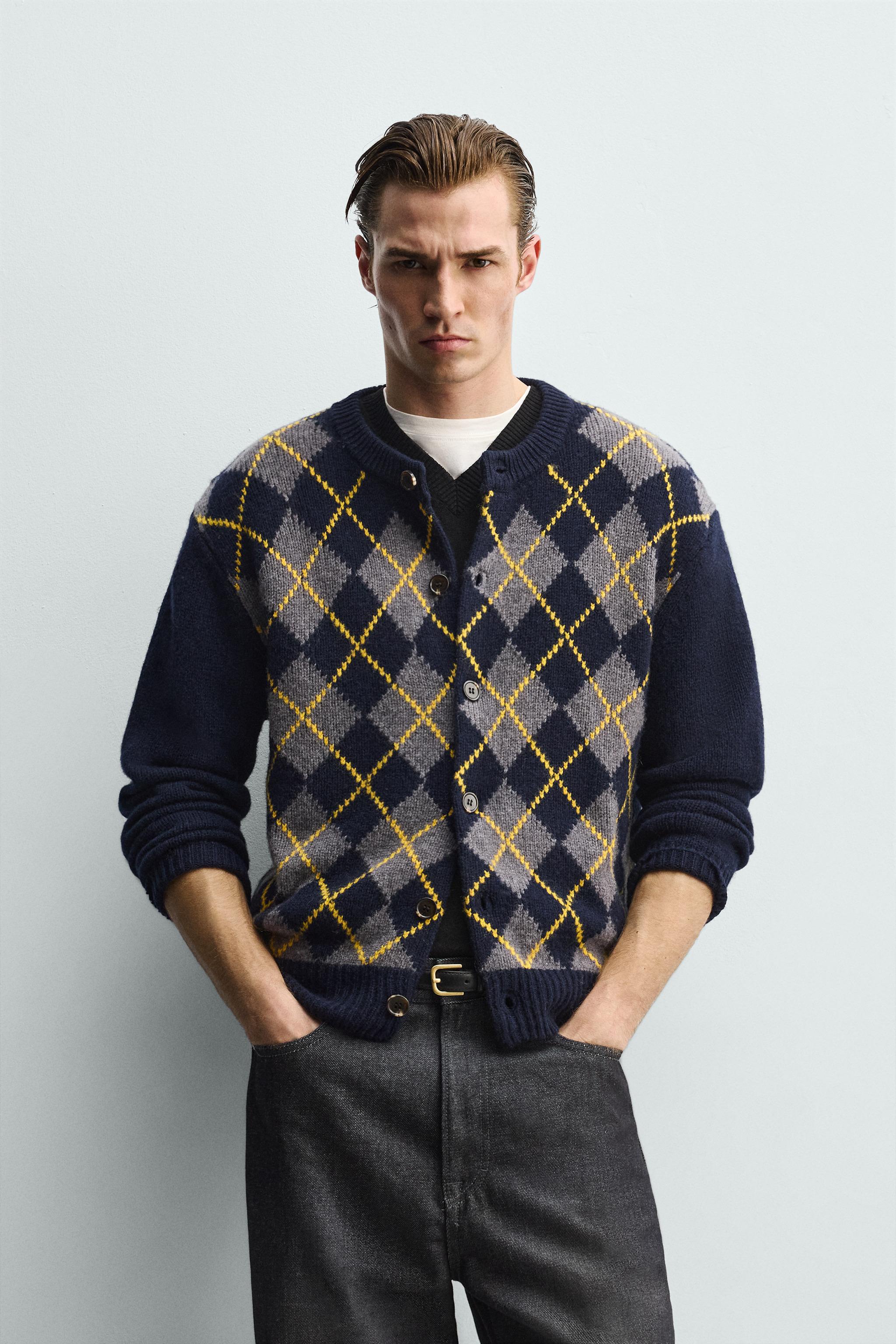 100% WOOL DIAMOND PATTERN CARDIGAN - Blue | ZARA United States