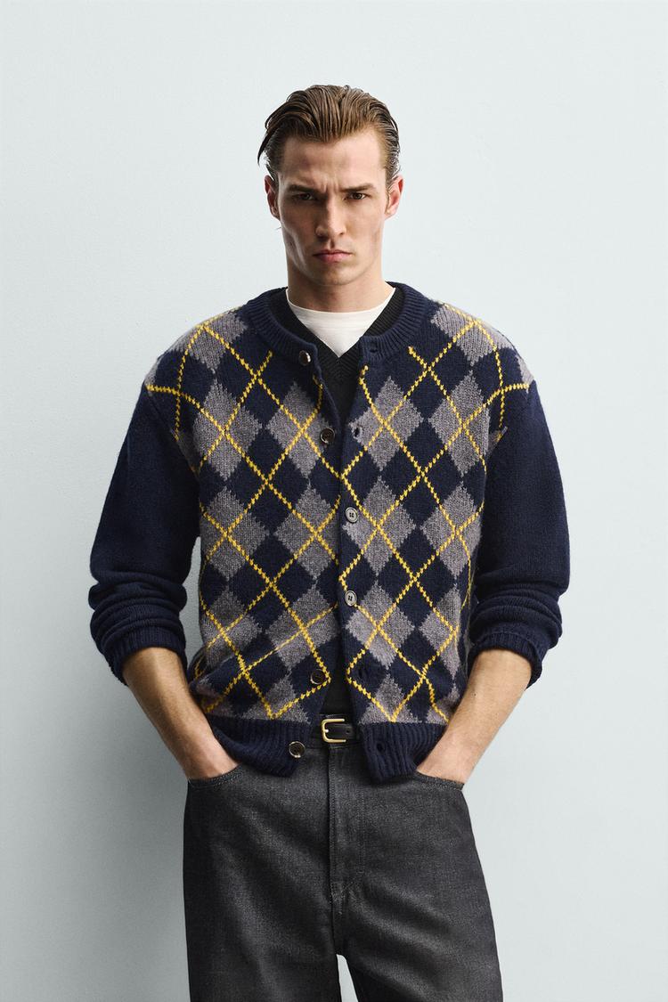 ZARA 100% WOOL ARGYLE CARDIGAN