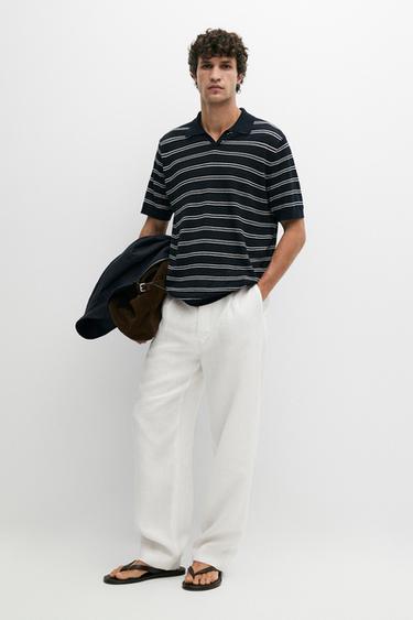Polo cuello pico rayas 100% lino - Marino de Zara