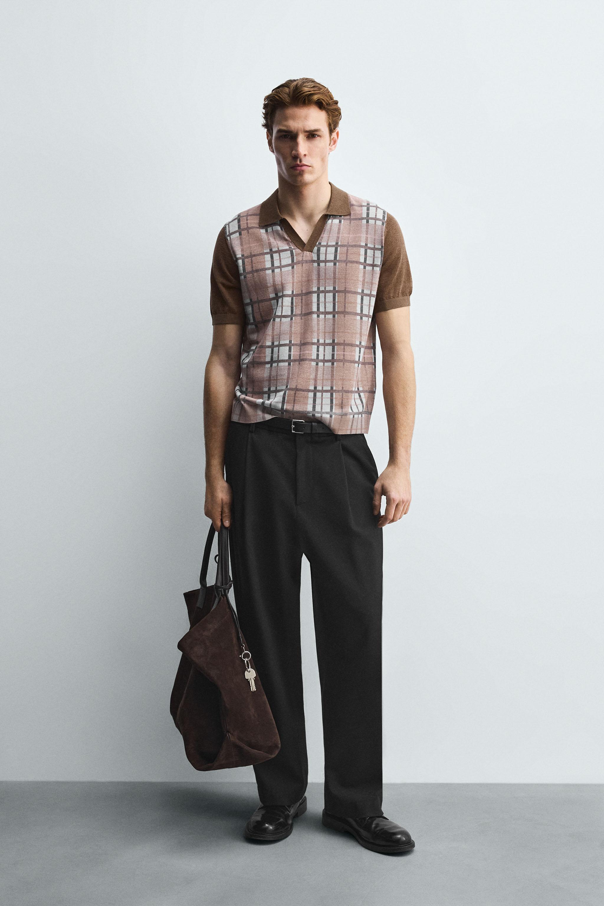 チェック柄ニットポロシャツ - ダークベージュ | ZARA Japan / 日本