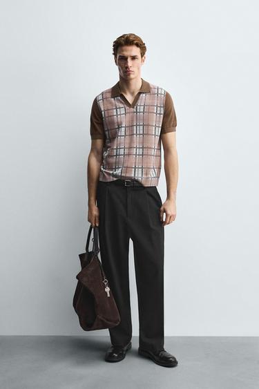 ТРИКОТАЖНА БЛУЗА ПОЛО С КАРИРАНА ПРИНТ - Тъмнобежов от Zara