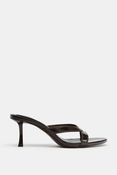 LEATHER STRAPPY HEEL SANDALS - Brown by Zara - Image 0