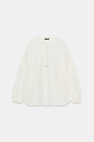 Zaras BLUS MED BRODERIER OCH PALJETTER - Benvit