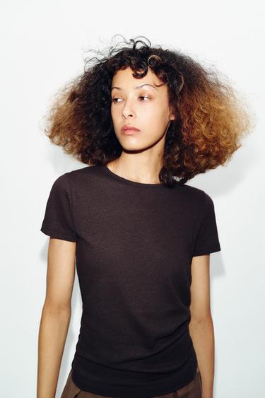 Zara SHORT SLEEVE LINEN T-SHIRT - Chocolate