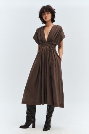Zara ZW COLLECTION 褶飾中長版洋裝 - 棕色