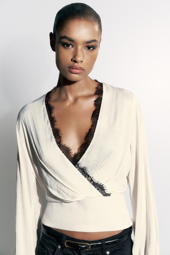 BLOUSE SATINÉE DENTELLE - Écru de Zara - Image 3