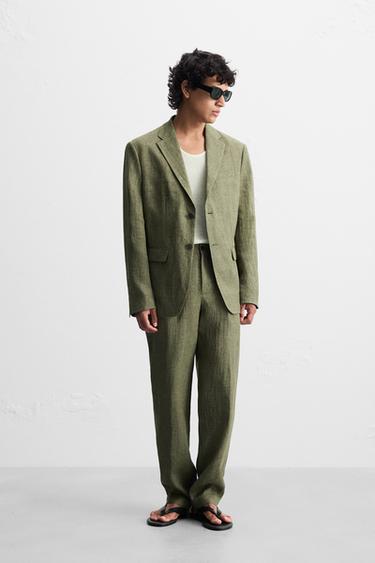 100% LINEN SUIT BLAZER - Dark khaki by Zara - Image 0