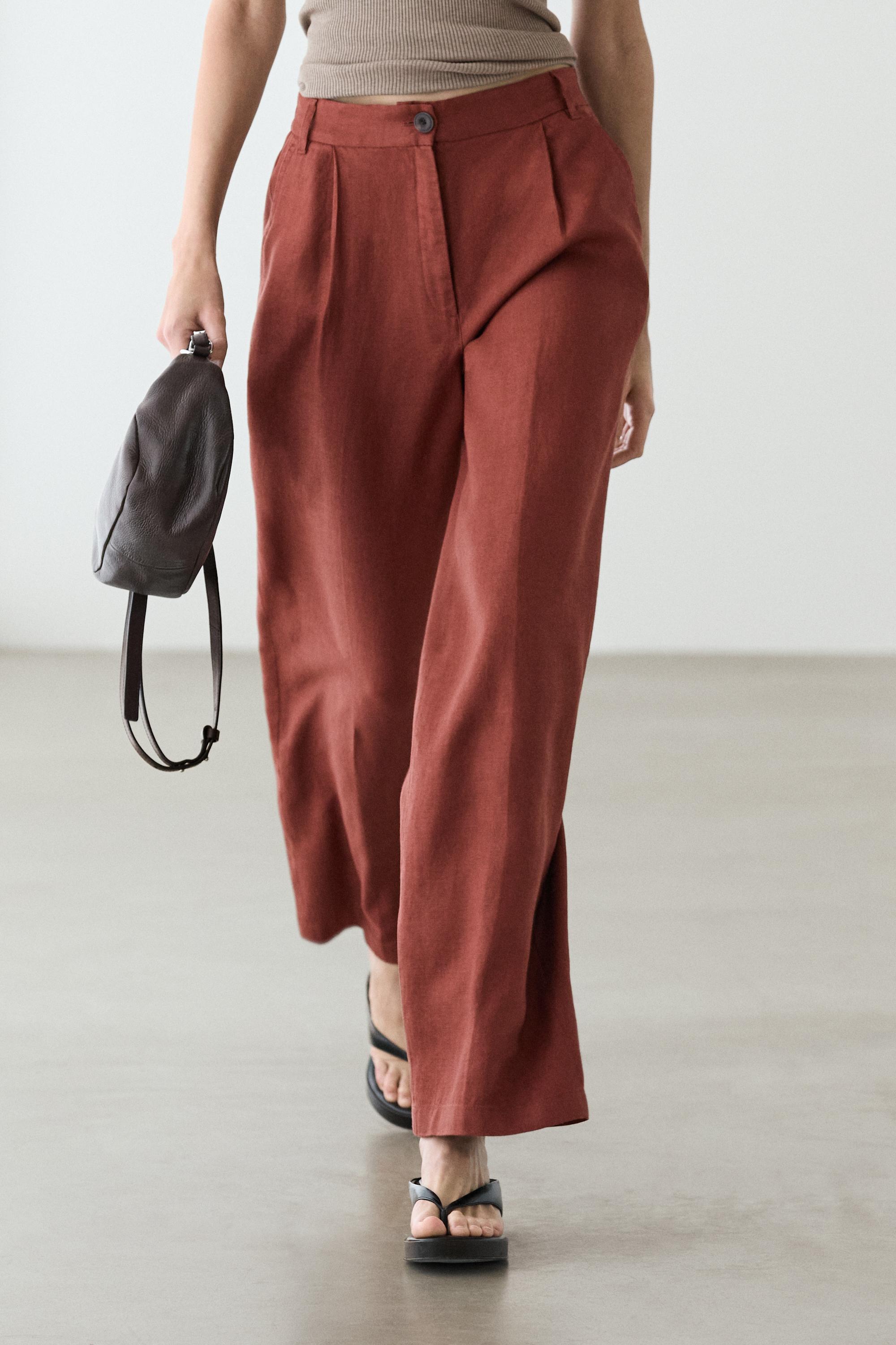 100% linen wide-leg elasticated trousers — Taupe