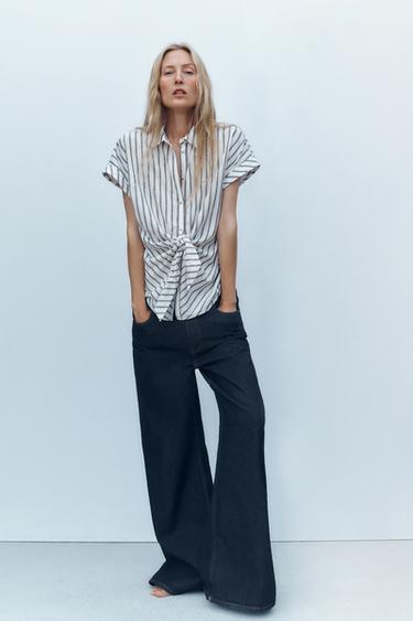 Zara KNOTTED STRIPED LINEN SHIRT - Blue / White