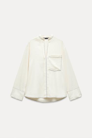 CAMISA PESPUNTES CONTRASTE CON LINO - Blanco roto de Zara