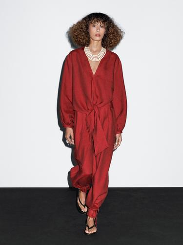Zara 100% linen blouse with tie detail - Dark red - Image 0