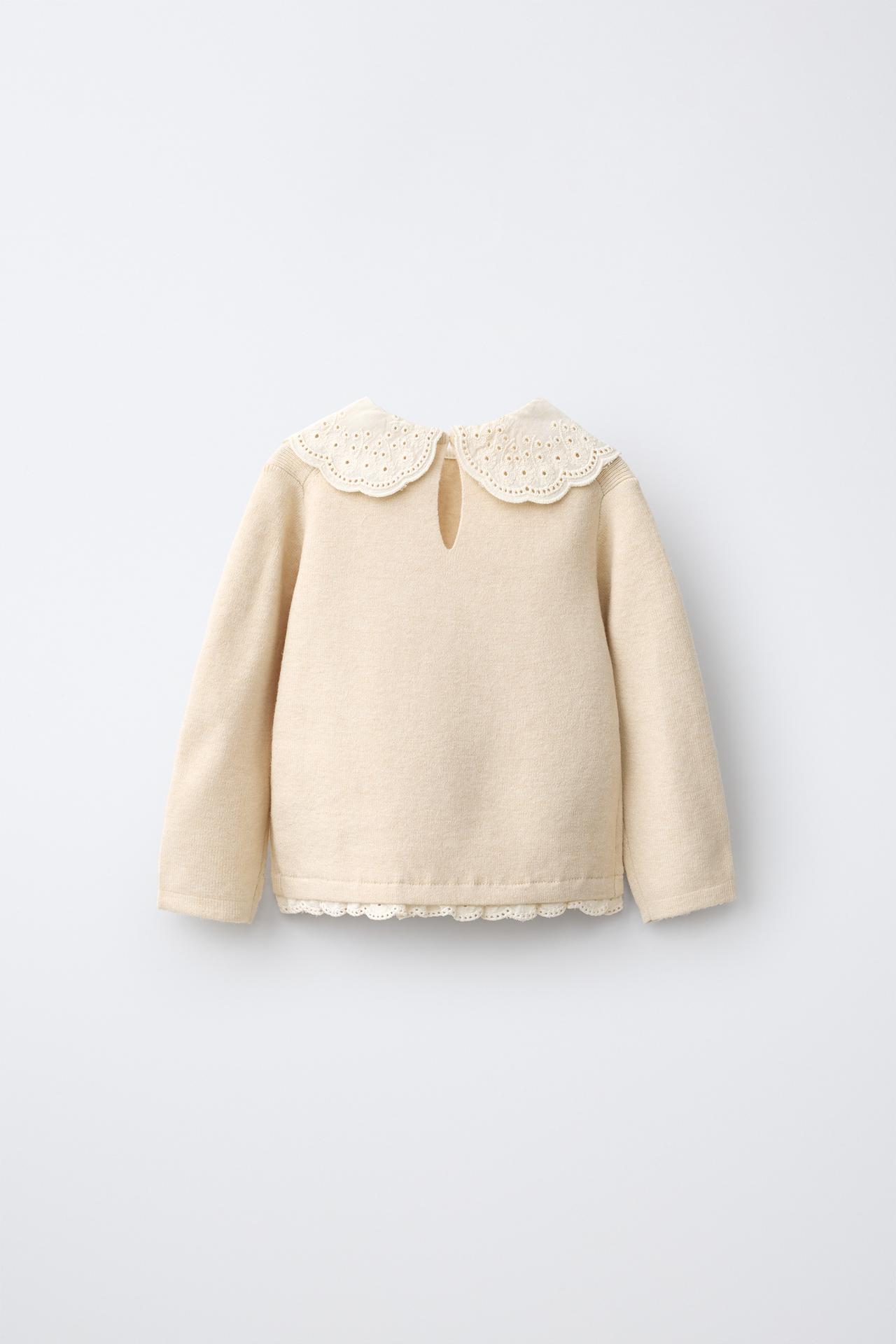 EMBROIDERED COLLAR KNIT SWEATER — Light beige