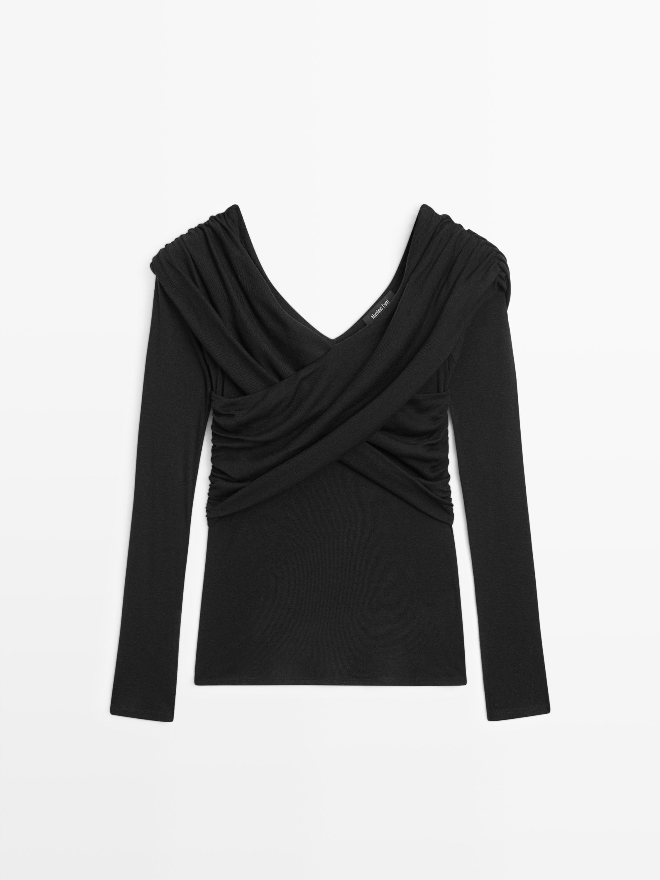 Off-the-shoulder lyocell and wool blend top