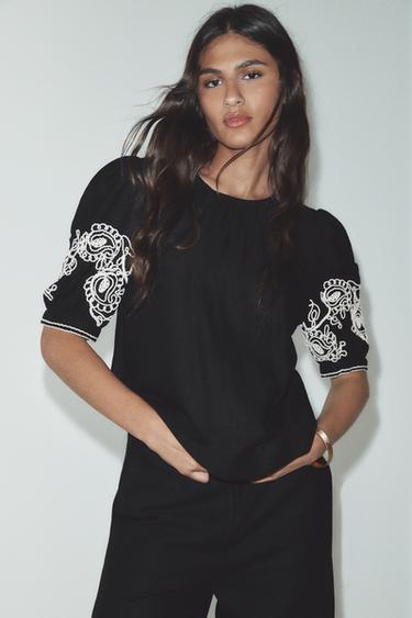 Zara ZW COLLECTION LINEN BLEND EMBROIDERED TOP - Black