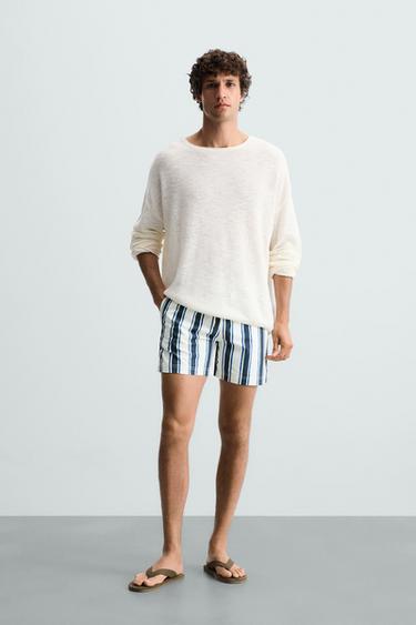 STRIPED MID-LENGTH SWIMMING TRUNKS - Ecru / Blue by Zara - Image 0