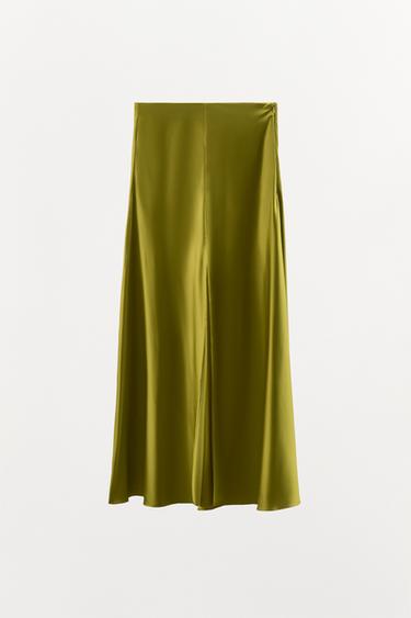 Zara SATIN MIDI SKIRT - Olive green