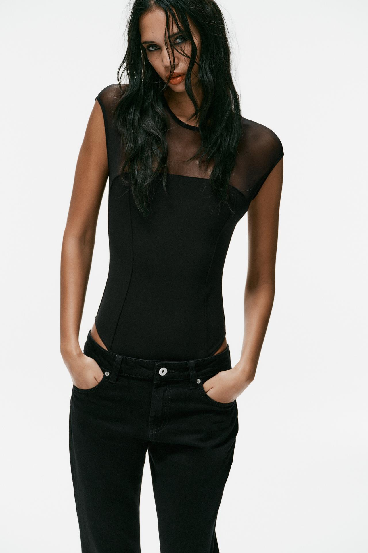 STRETCH TULLE-DETAIL BODYSUIT — Black