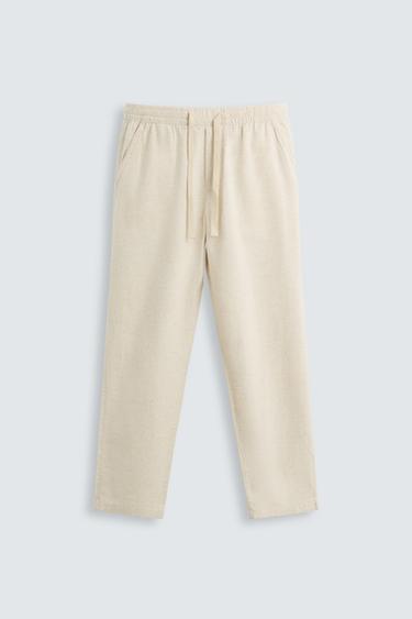 Zara COTTON LINEN RELAXED FIT PANTS - Light beige