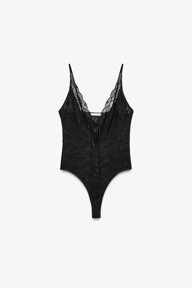 LACE BODYSUIT WITH BOW - Black by Zara - Image 5