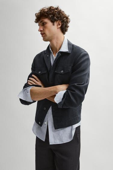 Veste 100 % lin avec détails poches - Bleu marine de Zara
