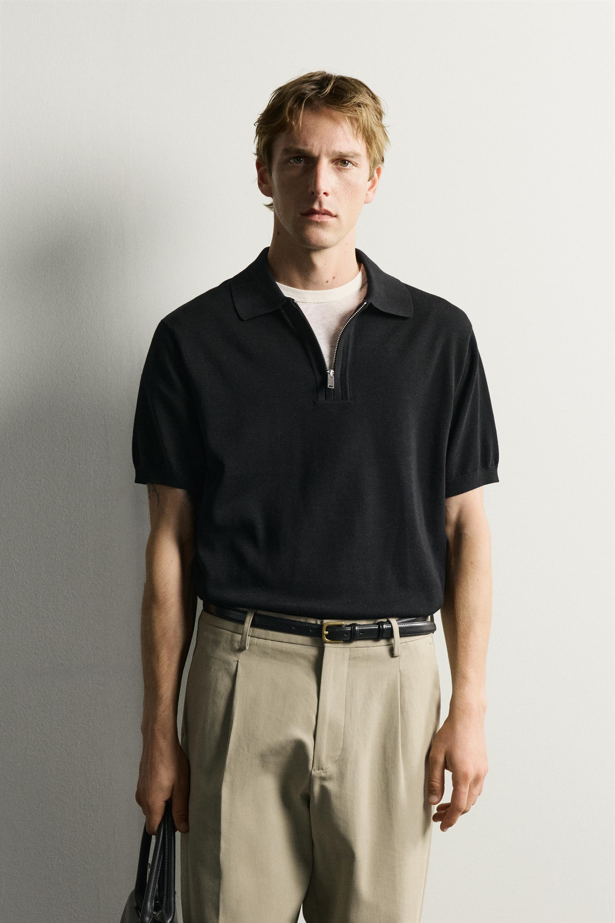 KNIT QUARTER-ZIP POLO SHIRT — Black