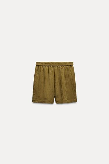 Zara ZW COLLECTION WRINKLED SHORTS - Olive green