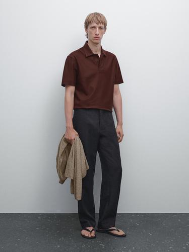 Zara Textured polo shirt with hidden button - Copper - Image 0