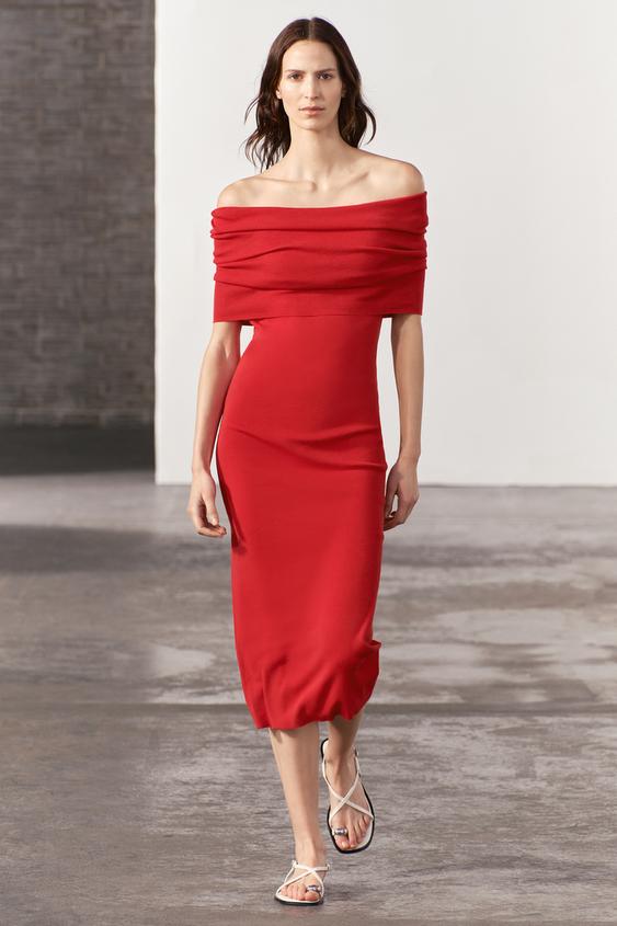 OFFTHESHOULDER KNIT DRESS Red ZARA Uzbekistan