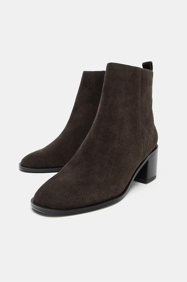 SPLIT SUEDE BLOCK HEEL ANKLE BOOTS - Brown by Zara - Image 1