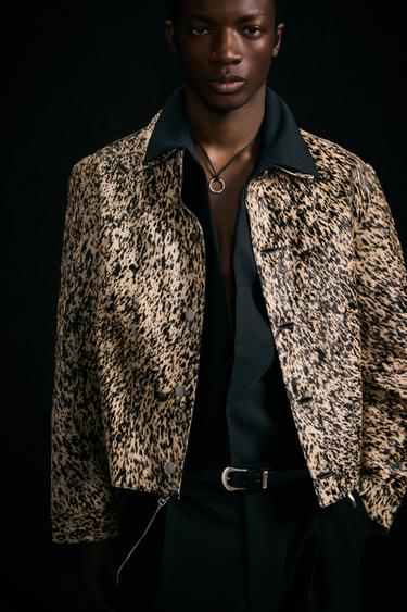 Zara PRINTED FUR LEATHER JACKET - Black / White