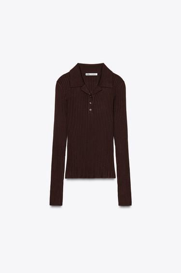 Zara RIBBED KNIT POLO SWEATER - Chocolate - Image 0
