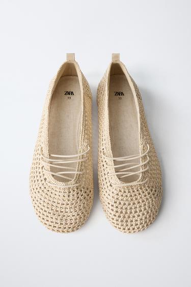 CROCHET LACE-UP BALLERINAS - Ecru White by Zara - Image 4