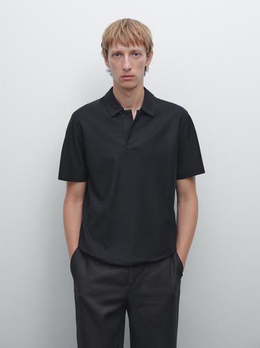 Zara Textured polo shirt with hidden button - Navy blue