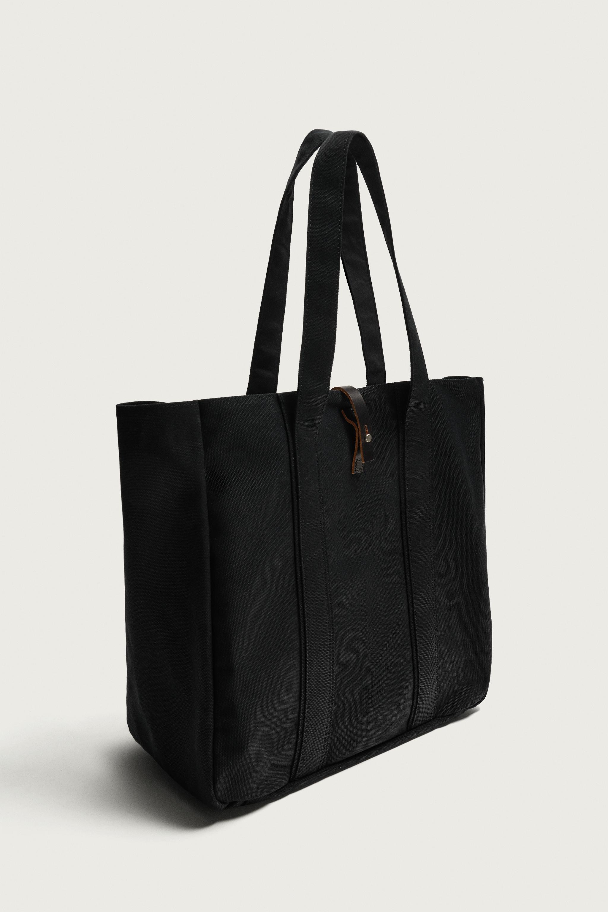 FABRIC SHOPPER WITH LEATHER CLOSURE — Black