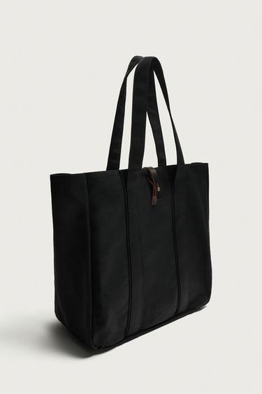 COTTON SHOPPER WITH LEATHER CLOSURE — Black 2